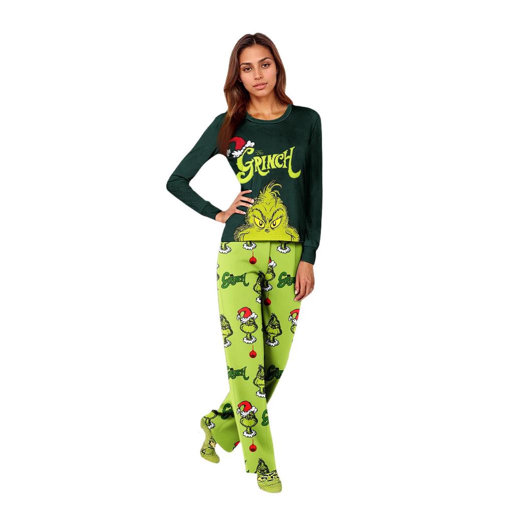 Pijama Familiar Navideño Estampado GRINCH Europeo y Americano - Conjunto de Hogar Festivo de Manga Larga