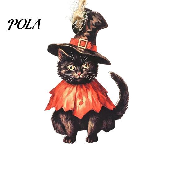 Vintage Wooden Witch Cat Pendant Halloween Hanging Ornament, Decorative Pendant, Black Wood Chips Cute Holiday Party Favors for Tree And Window Decor