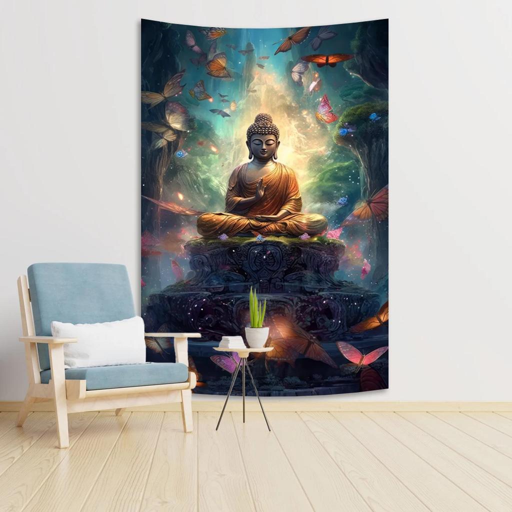 Zen Buddha Tapestry  Serene Meditation  Golden Clouds  Unique Wall Art for Yoga Room Home Decor  Spiritual Gift