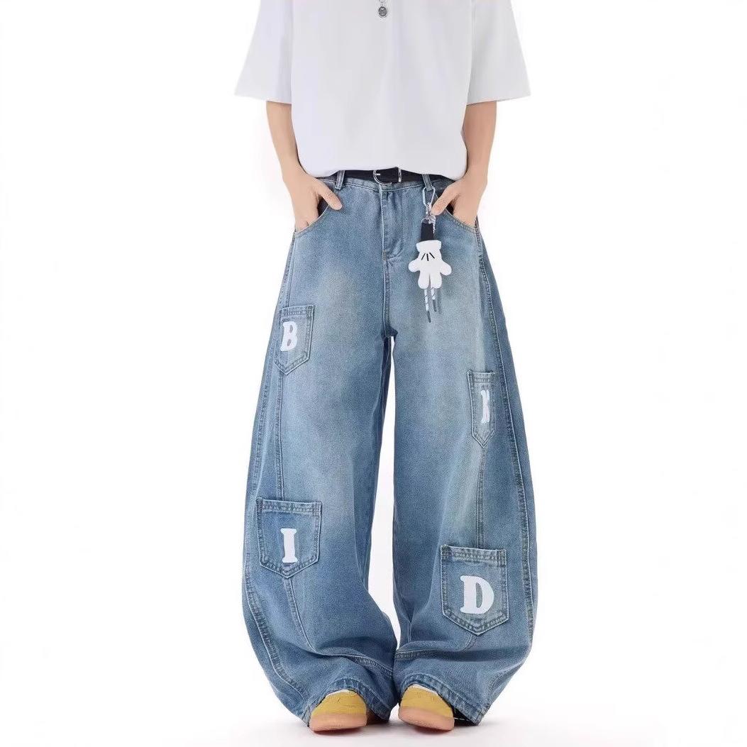 Джинсы мужские JYL Винтажные Многокарманные Укороченные С принтом букв Свободные Широкие Джинсовые M