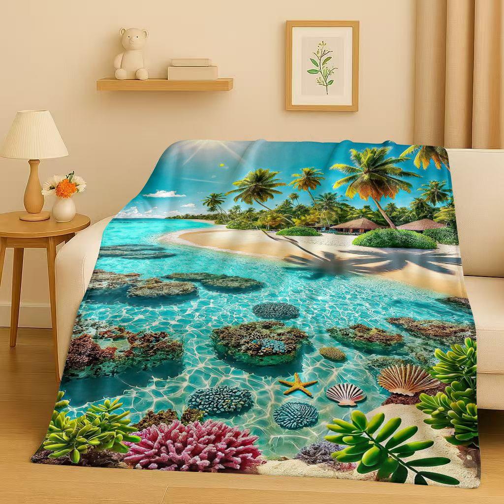 3D Beautiful Natural Scenery Sea Sky Tree Flannel Blanket,Ultra Soft Warm Plush Throw for Home Bedroom Bed Sofa Cover Kids Gift