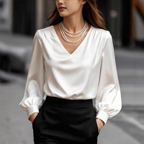 Camicia da Donna Manica Lunga Scollo a V Manica a Palloncino Texture Raso Pullover Top Colore Unico Vestibilità Larga Lavoro Festa Appuntamento Viaggio Top Casual