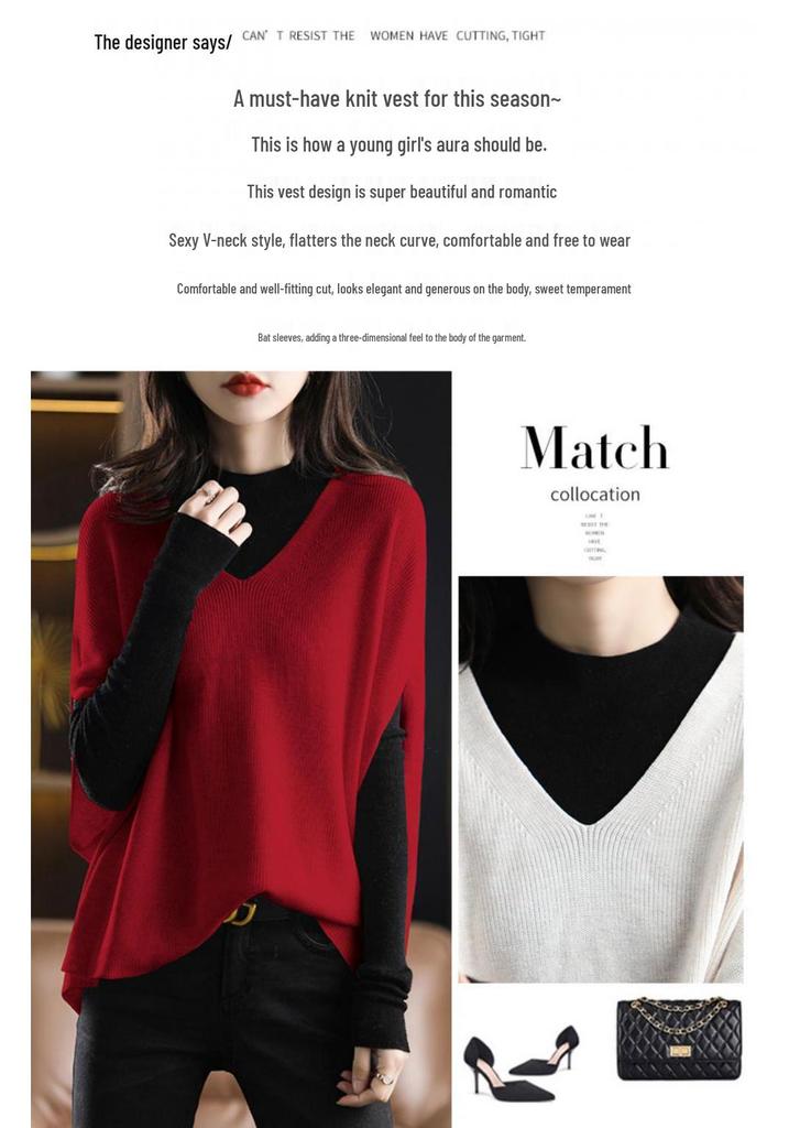 Autumn/Winter 2026 Red V-Neck Batwing Sleeve Sweater
