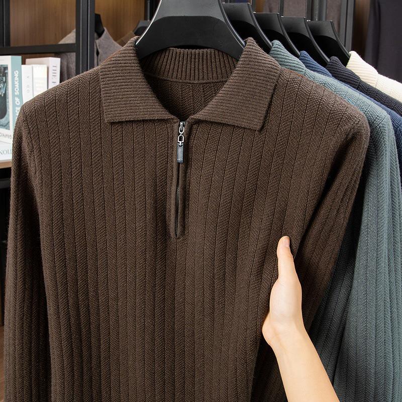 Men's Mid-Aged Half-Zip Knit Polo Shirt - Thick Solid Color Sweater for Autumn and Winter