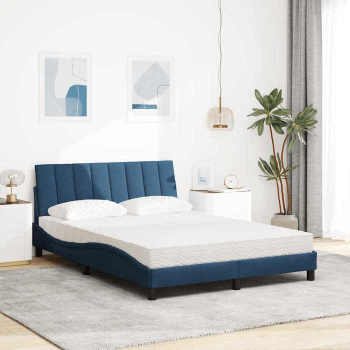 VidaXL Bed with Mattress Blue 140x190 Cm Fabric, Bedroom Furniture, Double Bed, Panel Bed, Slatted Base, Bed with 3310530