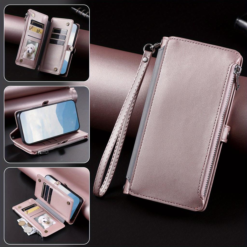 Wallet Leather Flip Case for iPhone 16E 16 Pro Max 15 14 Plus 13 12 11 Wrist Strap Zipper Handbag Card Slot Stand Book Cover