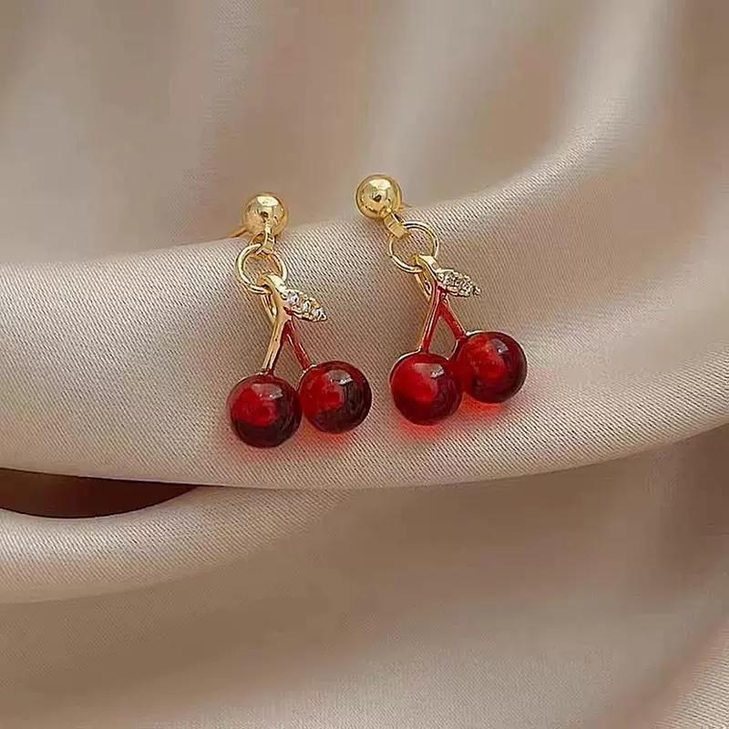 New Red Zircon Cherry Earrings Stud Fresh Trendy Style Women's Shiny Crystal Dangle Earrings Party Exquisite Jewelry Accessories