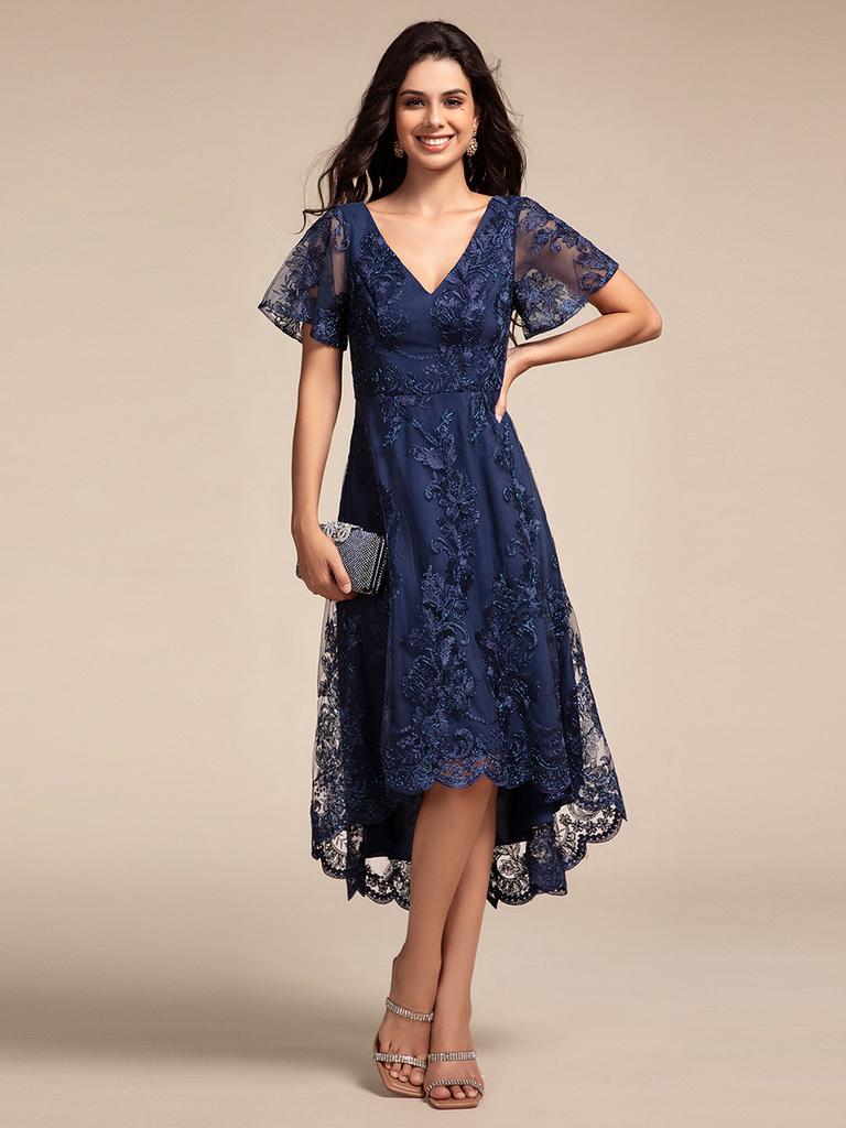 Ever-Pretty Women's Exquisite Embroidery V-Neck See-through Sleeve Wedding Guest Dresses with Asymmetrical Hem