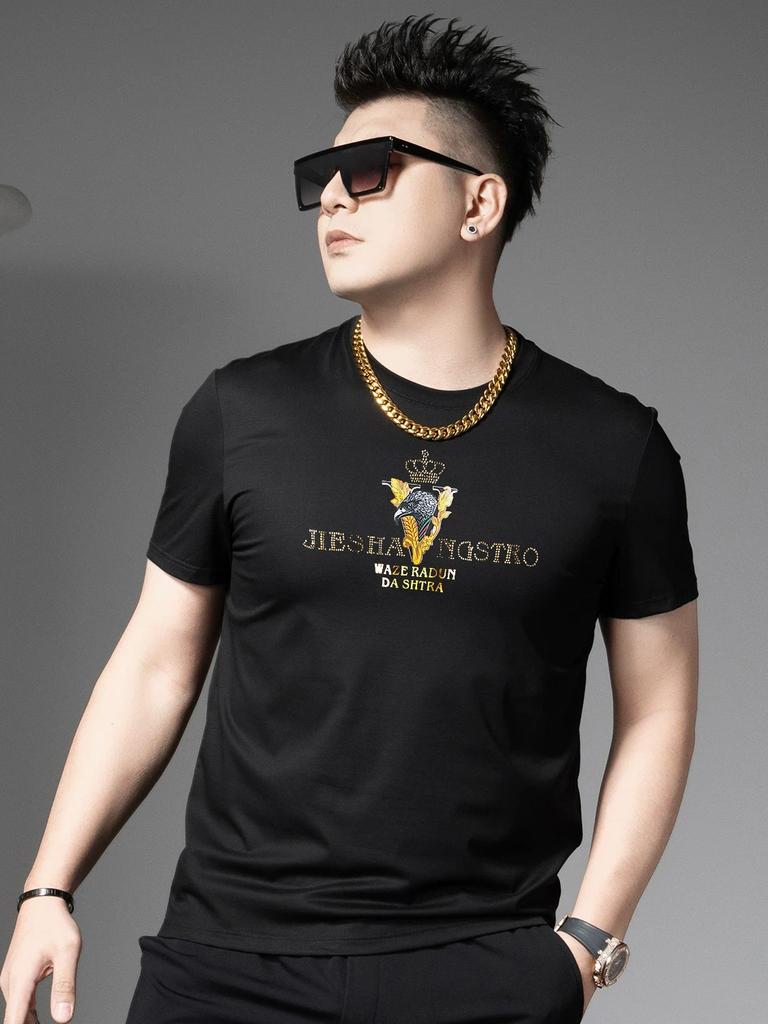 European-Style Light Luxury Rhinestone Silk Cotton Short-Sleeve T-Shirt for Men, 2025 New Summer Trendy Brand Top, Men's Half-Sleeve Tee