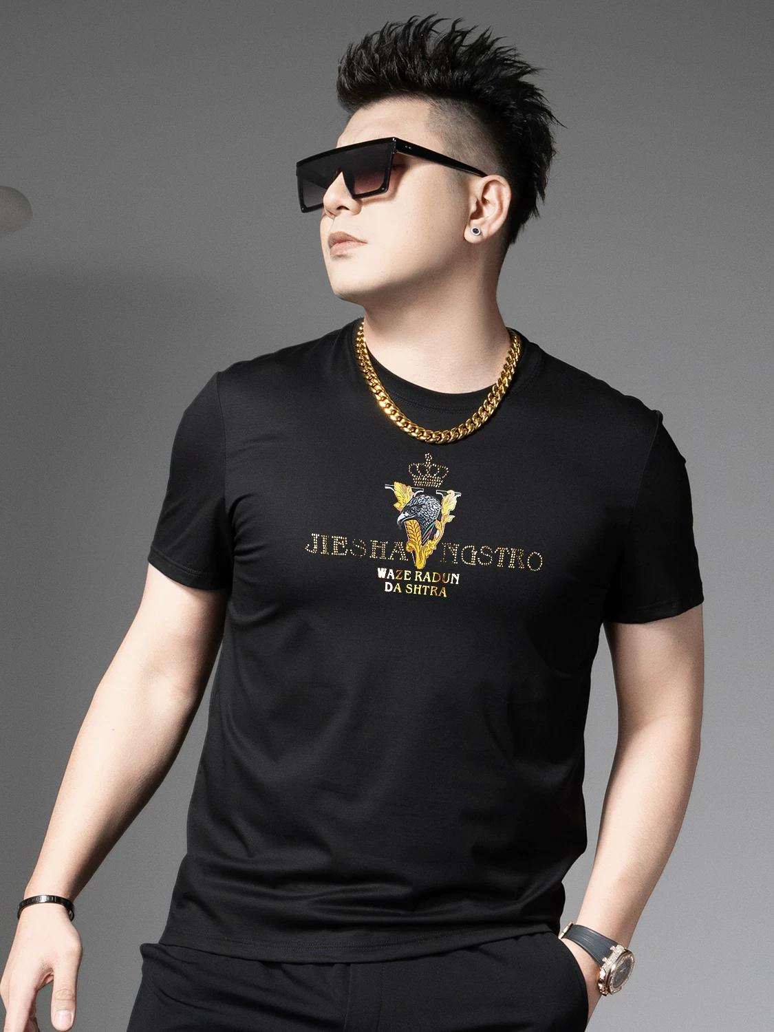 

European-Style Light Luxury Rhinestone Silk Cotton Short-Sleeve T-Shirt for Men, 2025 New Summer Trendy Brand Top, Men s Half-Sleeve Tee 3XL чёрный