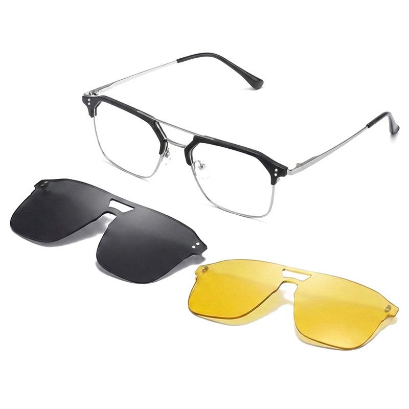 Double-beam magnetic clip-on polarized sunglasses with multi-colored lenses and a flexible frame, versatile for various uses, including as