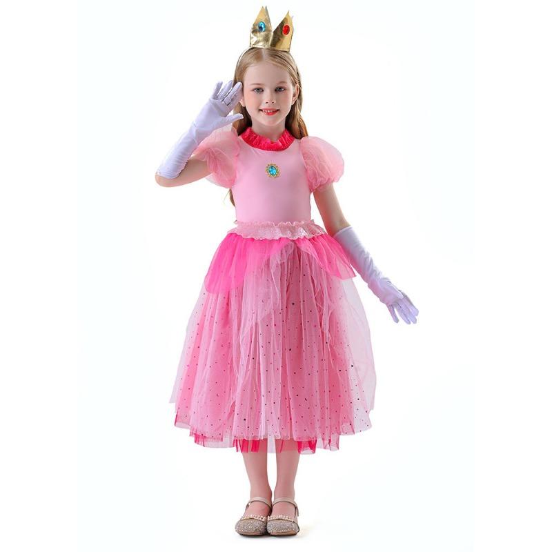 New Super Mario Kids Princess Peach Dress Girls Halloween Costume