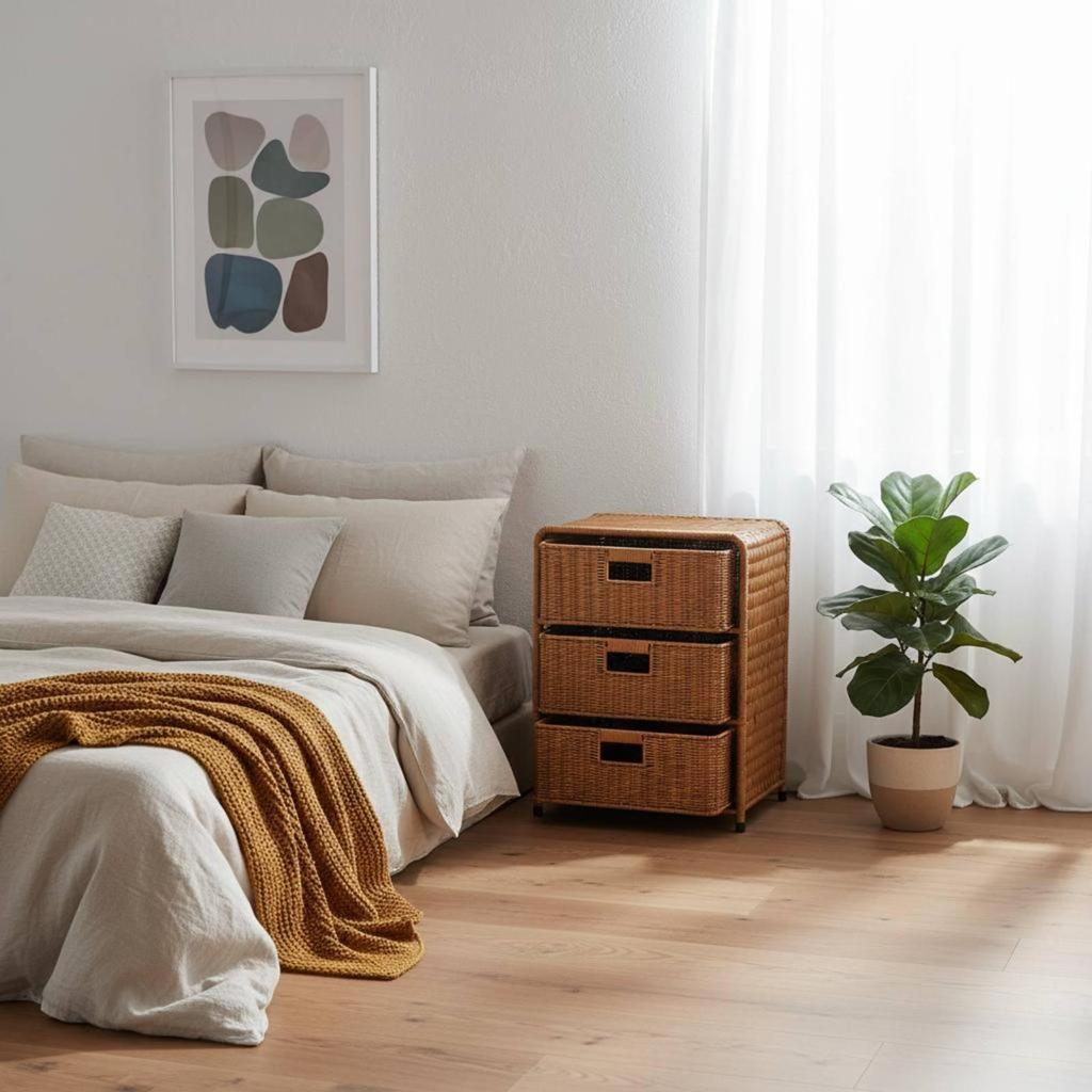 Wicker Design Bedside Table Handmade Home Furniture Removable Baskets