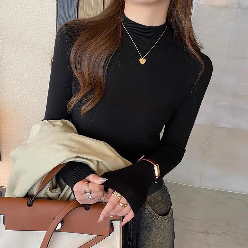 Womens Slim Fit Half Turtleneck Sweater Solid Color Long Sleeve Pullover Top