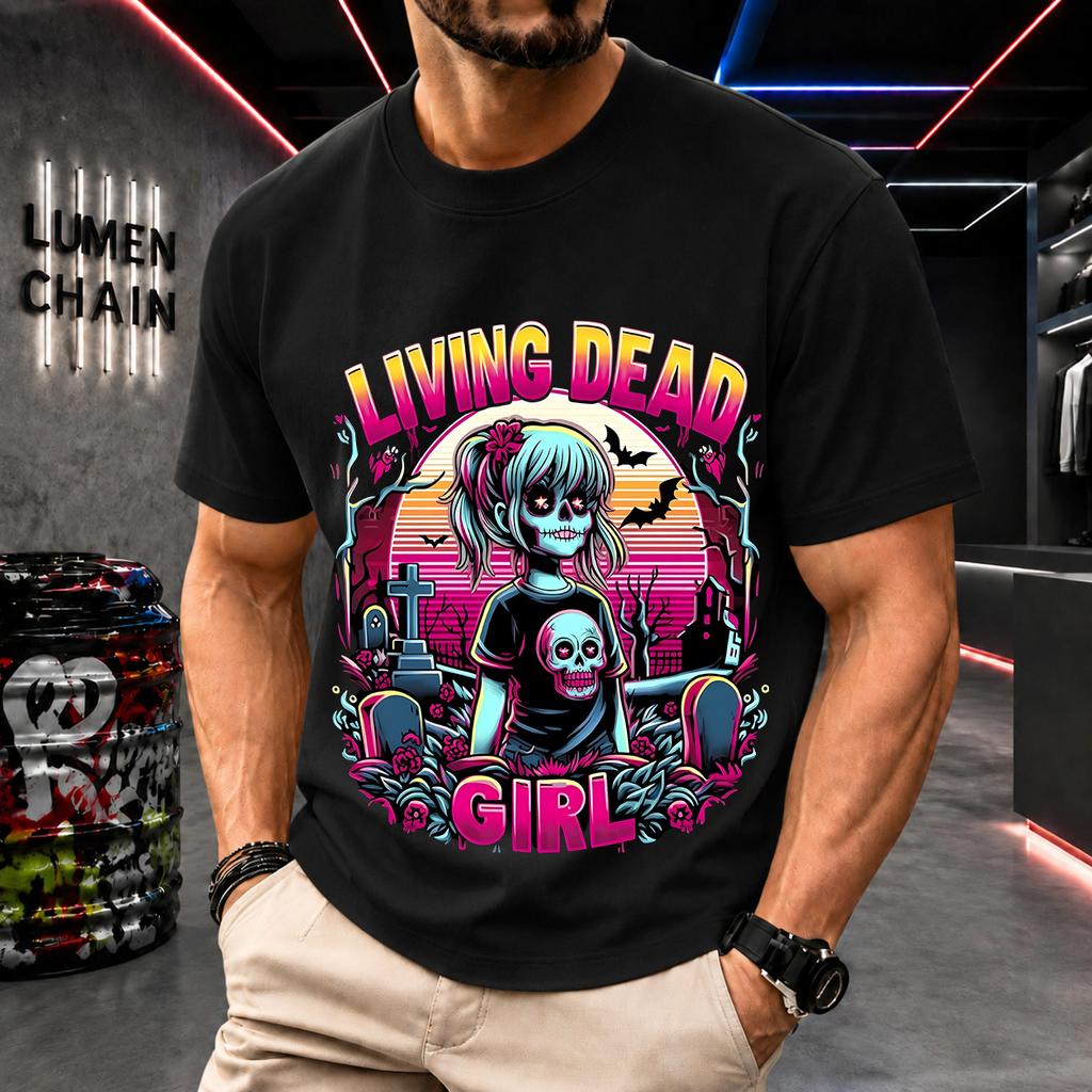 2026 New Pure Cotton Tshirt Living Dead Girl Zombie Neon Print Crew Neck Short Sleeve Street Casual Top
