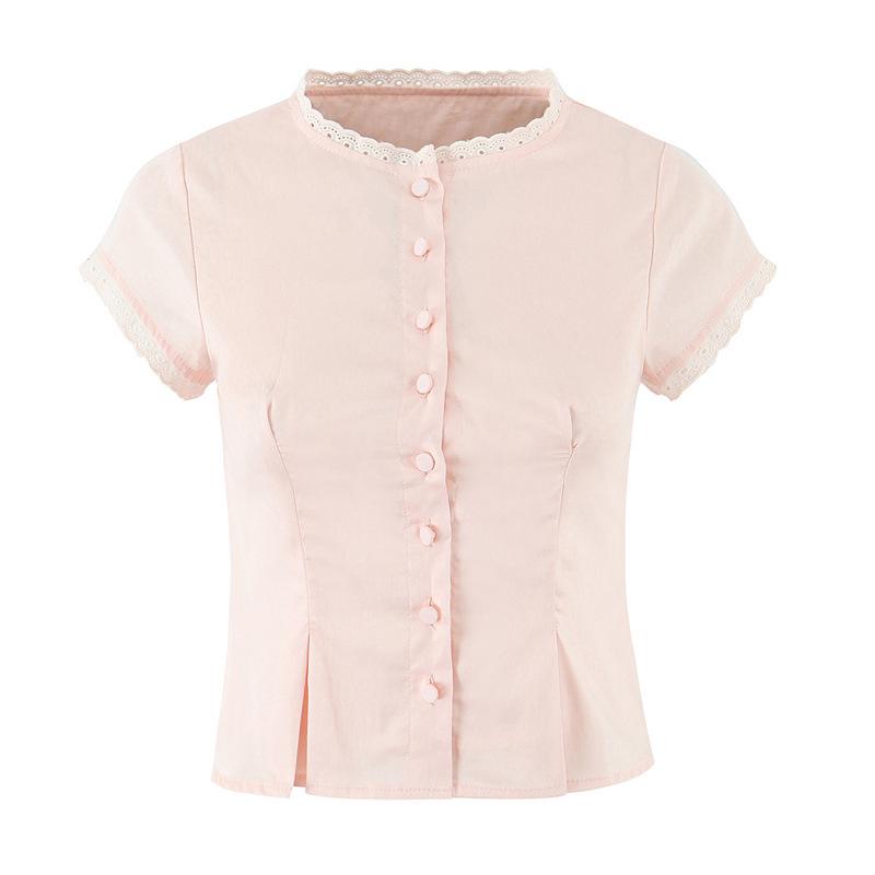 Lace Patchwork Button Top & Elastic Waist Skirt Set