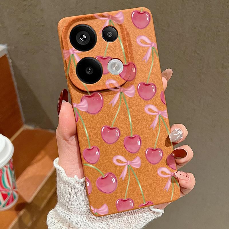 Crystal Cherry Fruits Bowknots Pattern Case For Xiaomi 14T 13T 11T Pro Funda Redmi Note 14 13 Pro 5G 12 11 Leather Texture Silicone Cover