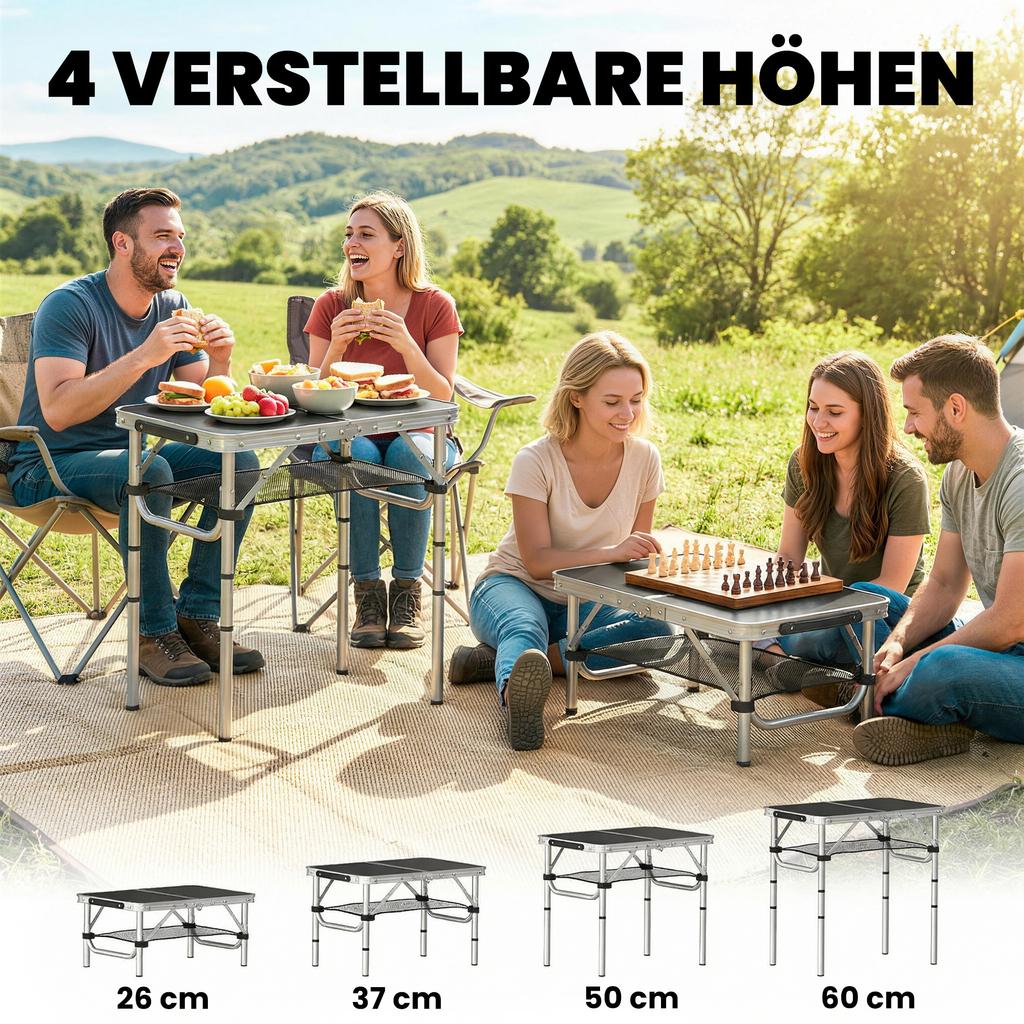 2ft Folding Camping Table, Picnic Table with Mesh Storage Layer, 4 Adjustable Heights and Carrying Handle, Black