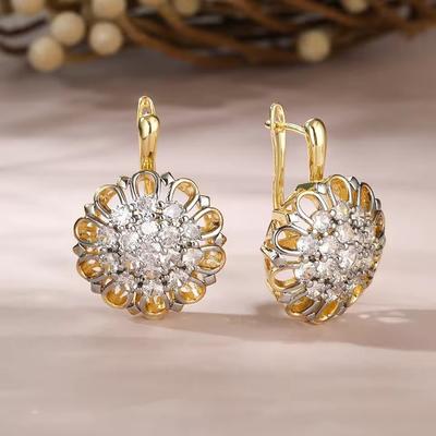 Hollow Sunflower Shape Inlaid White Stone Drop Earrings Golden Silvery Color Fashion Luxury Party Jewelry