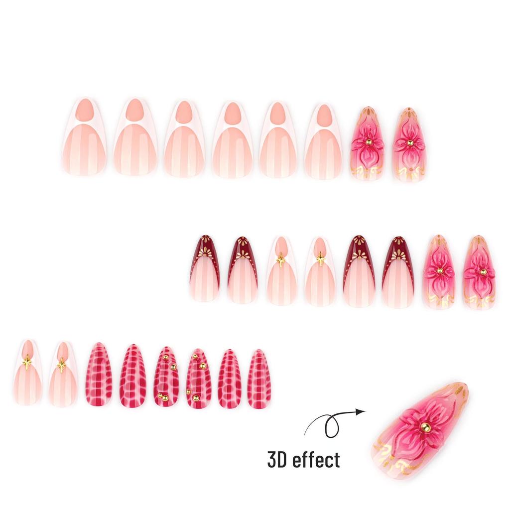 3D Ombre Floral Short Almond Wearable Nails – European & American Style