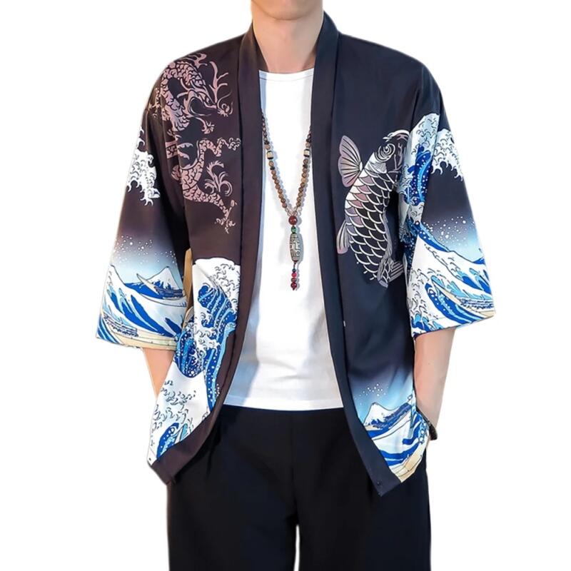 Men and Women's Japanese Kimono Wave Carp 3D Print Pattern Coat Green Traditional Haori Cardigan Japan Black Beach Clothing