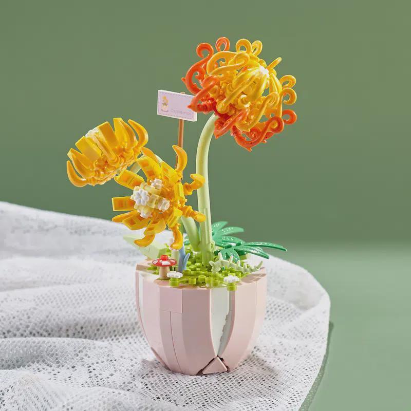 Building Block Bouquet 3D Model Home Decoration Plant Potted Chrysanthemum Rose Flower Assembly Brick Toy