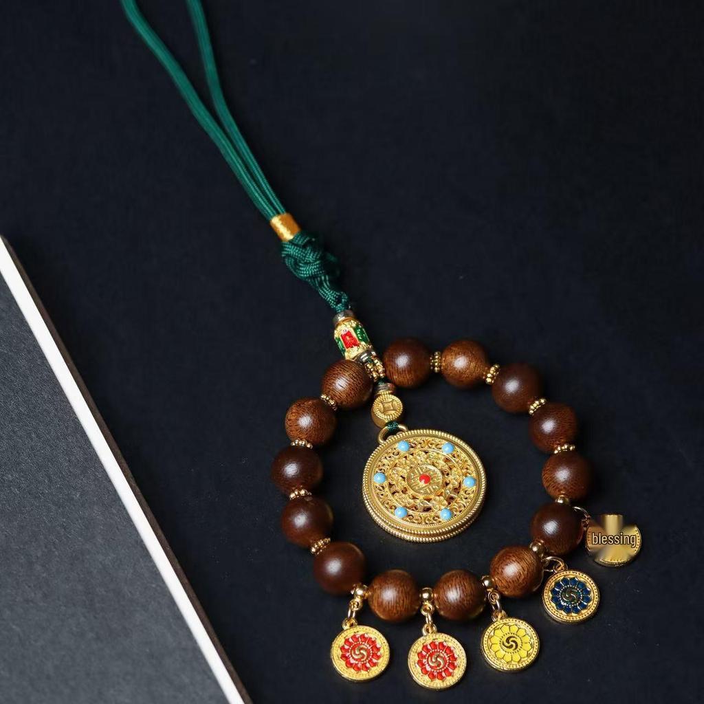 Fuson Red Soil Agarwood Car Pendant with God of Wealth & Peace Lock - Sinking Grade Beads Jewelry