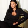 New slim fit high elastic simple temperament chest hollow plus shoulder pads long sleeve dress elegant pencil skirt