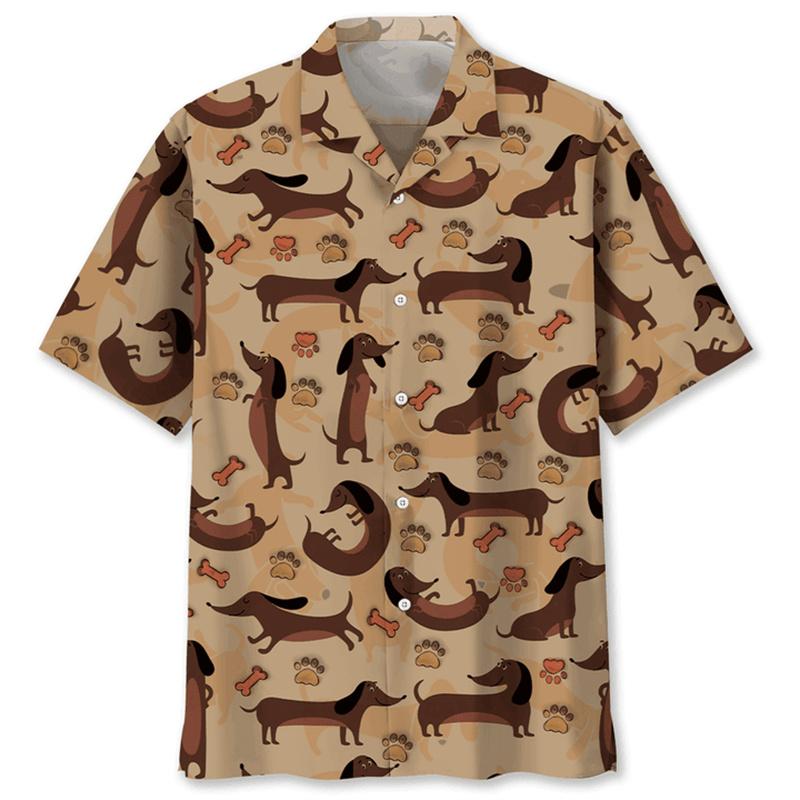 ETST51 Schattige Teckel Hawa&iuml;aans Shirt Heren Nieuw Binnen 3D Geprint Dier Hond Revers Korte Mouwen Tops Buiten Blouse Zomer Knopen Shirts 3XL