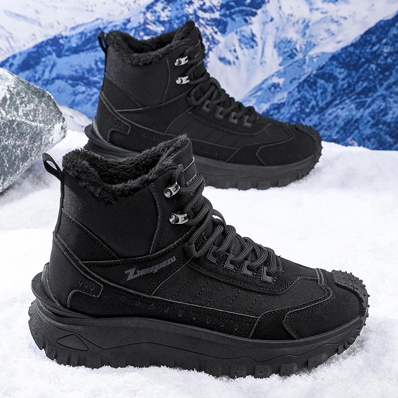 Men's Winter High-Top Snow Boots with Fleece Lining Thickened Non-Slip Warm Fur and Cold-Resistant Cotton Hiking Shoes Sneakers