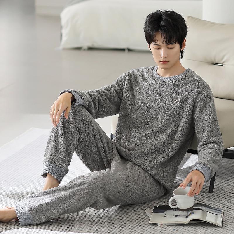 Half Fleece Pajamas Men'S Winter Thickened Fleece Coral Fleece Autumn And Winter Thermal Loungewear Set