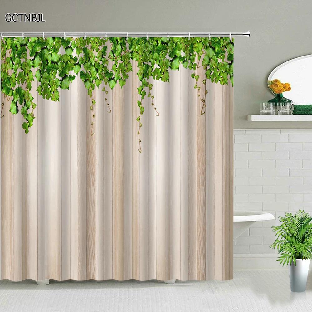 Flowers Green Plants Shower Curtains Set Bathroom Decor Garden Background Wall Hanging Cloth Washable Bathtub Screen With Hooks