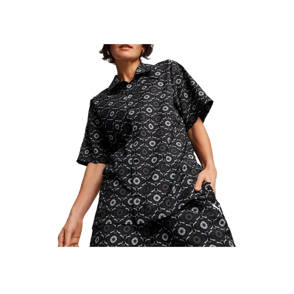 Puma Classics New Prep All-Over Print Fashion Versatile Soft Skin-Friendly Short Sleeve Shirt Unisex Shirts Black 627873-01