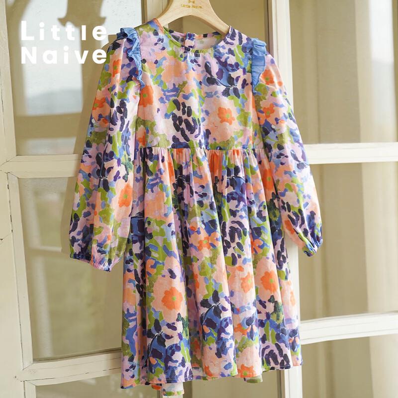 Little Naive Girls' Bubble Long Sleeve Ruffle Trim Floral Dress