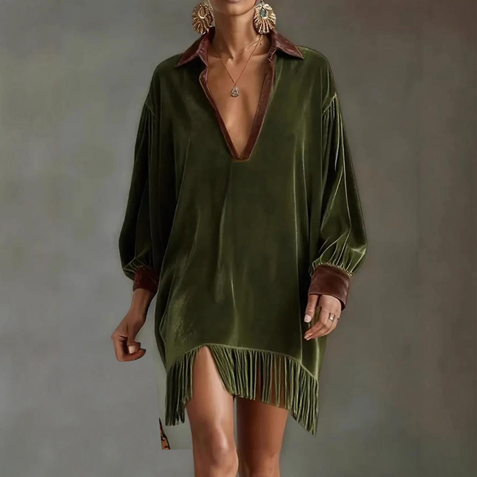 

Women s Fashionable Color Blocked V-neck Long Sleeved Retro Loose Pocket Tassel Dress L армия зеленый