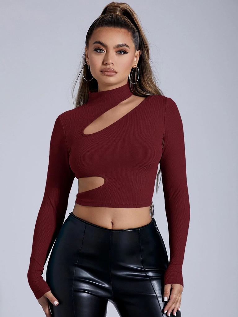 Women's 2024 Autumn/Winter Black Semi-High Neck Long-Sleeve Sexy T-Shirt