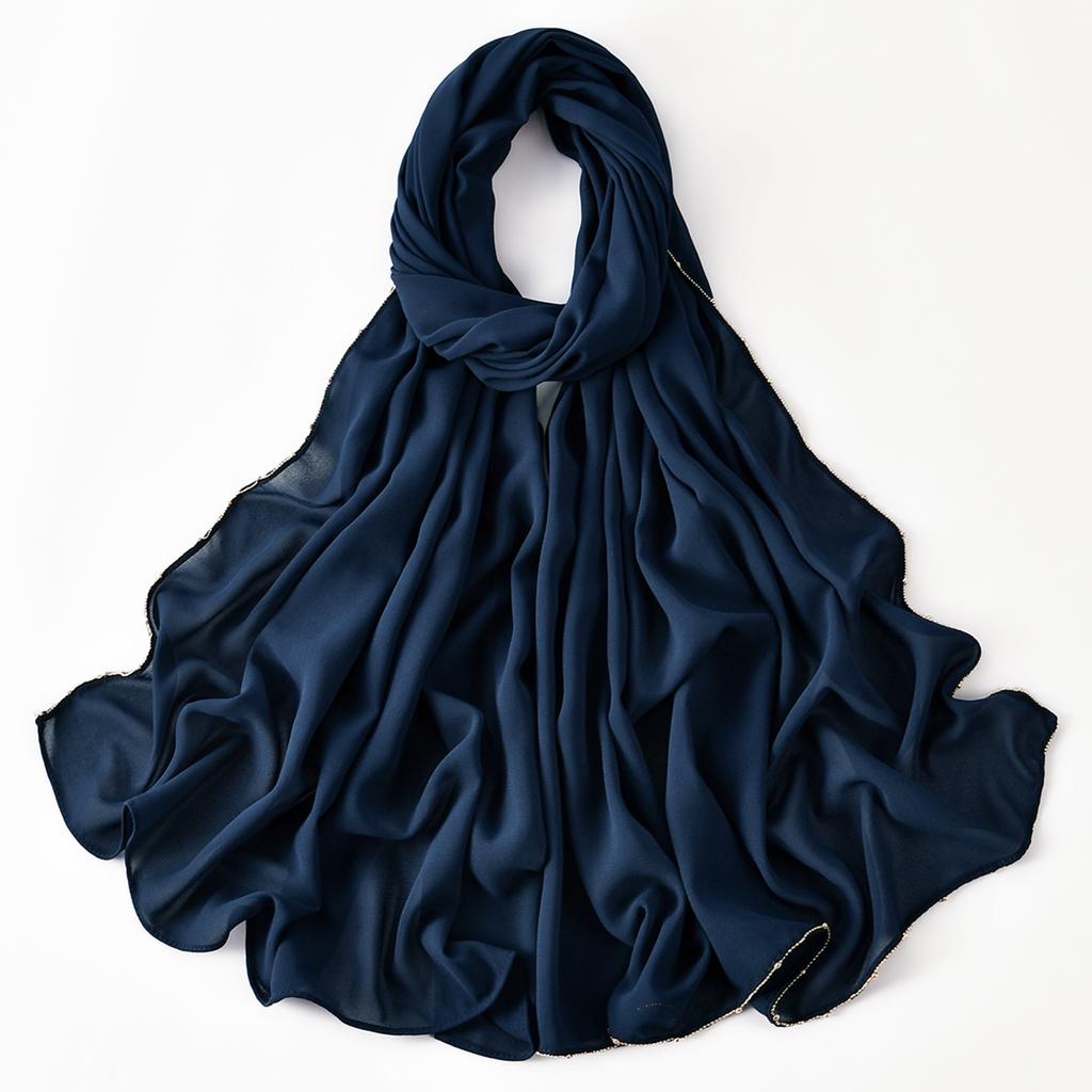 Muslim Chiffon Hijab Women Glitter Chain Edge Premium Chiffon Scarf Solid Color Plain Shawl Unique Edge Design Headscarf Wraps