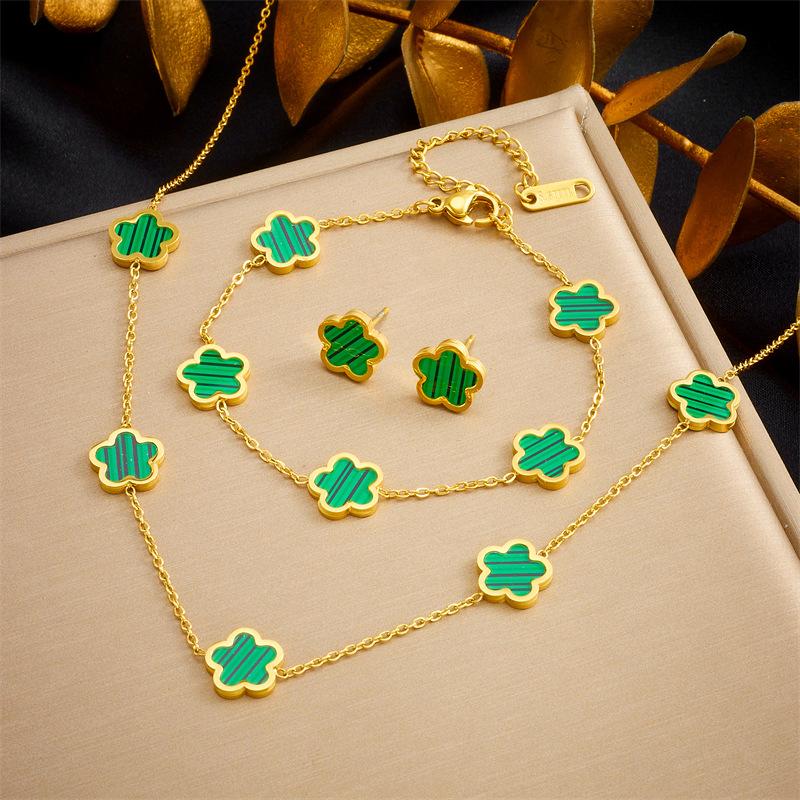 Gold Plated Clover Malachite Necklace Earrings Set Dainty Flower Pendant Jewelry зелёный