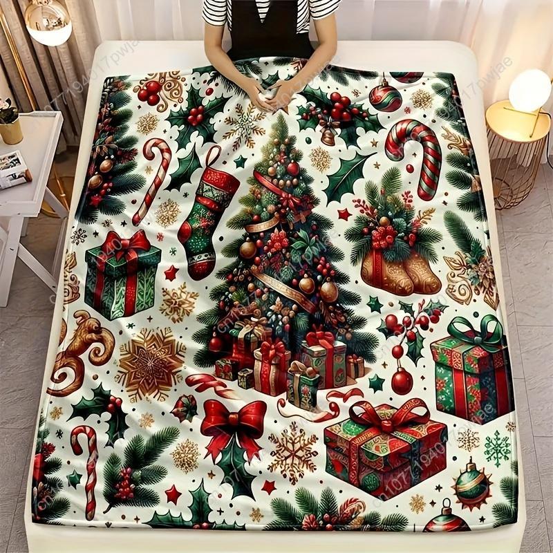Flannel Throw Blanket With Christmas Tree Pattern Embroidered Fabric Machine Washable Suitable For All Seasons Custom Blankets