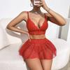 Sexy lingerie lace perspective temptation bra short skirt thong three-piece set