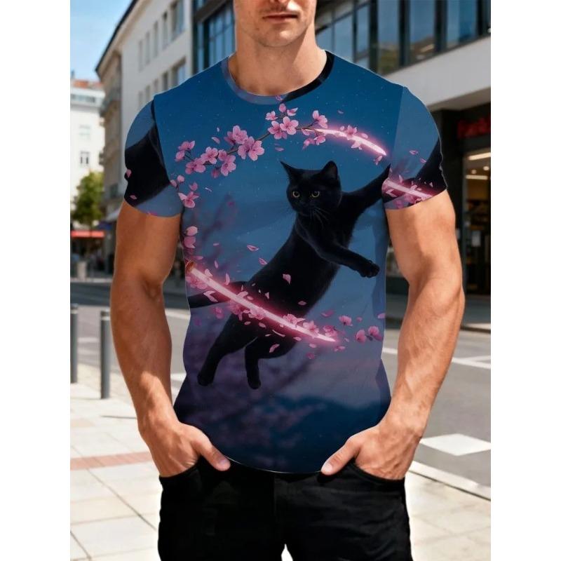 Summer Plus Men's Casual T-shirt Fashionable Blue Cat 3D Printed Sports Short Sleeved Round Neck Tops