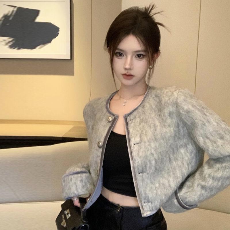 French Elegant Grey Coat: Versatile Autumn/Winter Style, Cotton-Wool Blend, Short Length XL (120-135 jin)