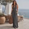 Lässiges Neckholder-Faltenkleid Damen Nacken Maxikleid, Tiefes V Ärmellos Schlankmachend Langer Rock Strandurlaub Sommerkleid, Sommer Fließend mit Taschen