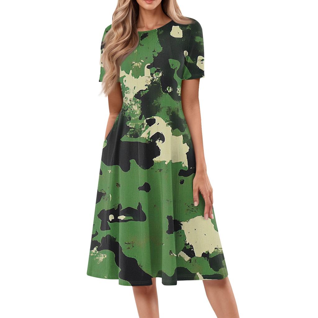 Women's Loose Casual And Fashionable Round Neck Short Sleeved Printed Mid Length Dress