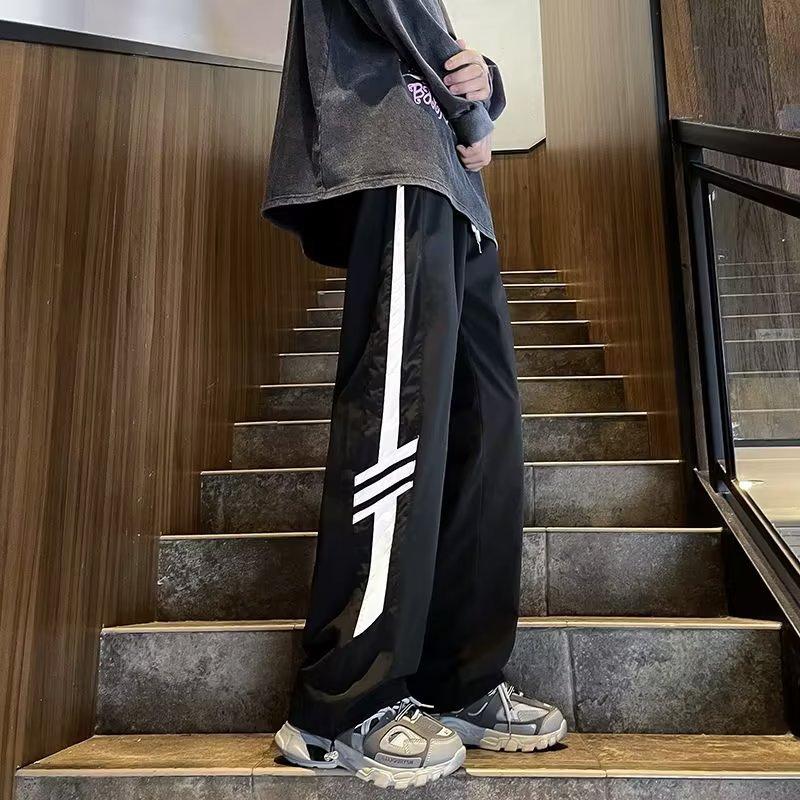 

American retro hiphop pants high street splicing striped sweatpants men s loose straight drape wide-leg pants 3XL чорний