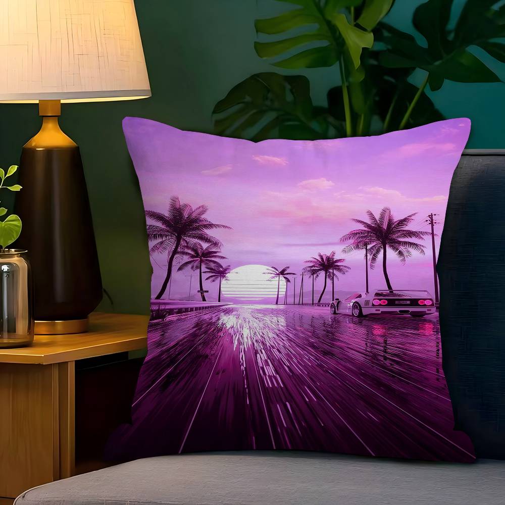Neon Night City Landscape 80S Cyberpunk Car Cushion Cover 30X50 Polyester Sofa Cushions Throw Pillow Home Decoration Pillowcover