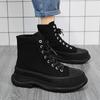 Versatile Men's Black Canvas High-Top Sneakers - Trendy, Thick-Soled, Height-Boosting Casual Sports Shoes for Spring and Autumn.