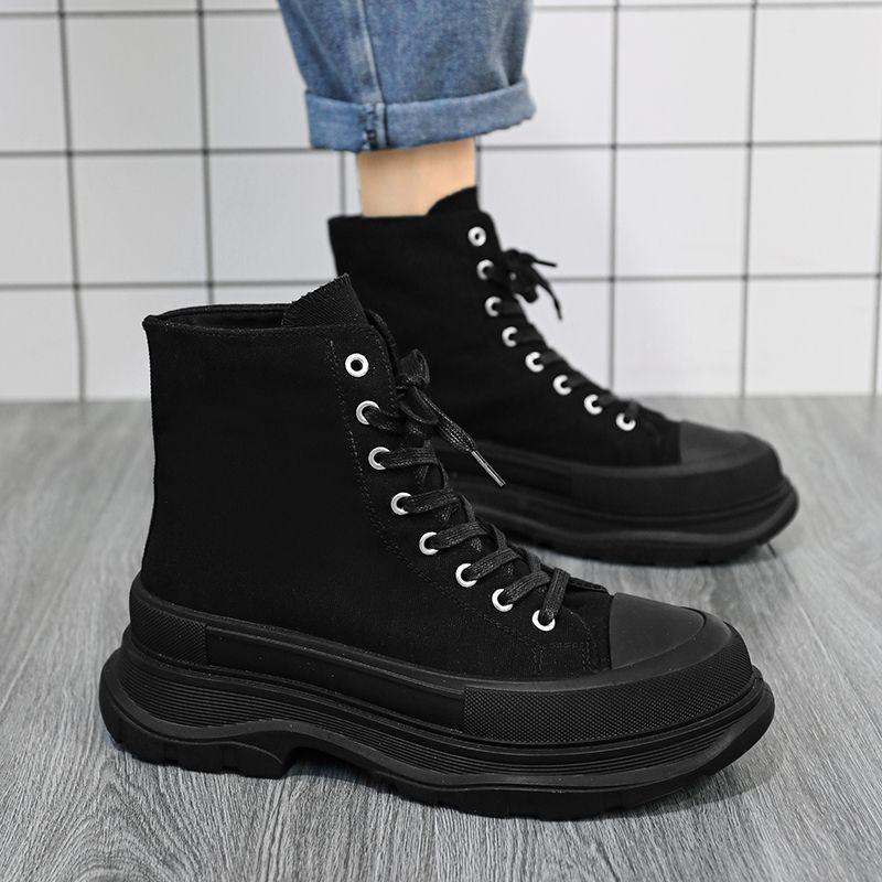 Versatile Men's Black Canvas High-Top Sneakers - Trendy, Thick-Soled, Height-Boosting Casual Sports Shoes for Spring and Autumn.