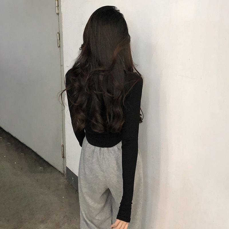 Codzienny Dopasowany Uniwersalny Do Noszenia Pod Spód Jednolity Kolor Guziki Ozdobiony Dekolt U Długi Rękaw Koszulka Bazowa Top