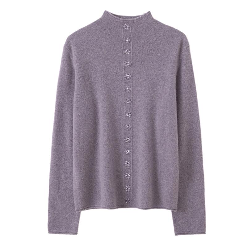 Lekasha Pure Cashmere Hand-Beaded Half-High Collar Cardigan Coat for Women